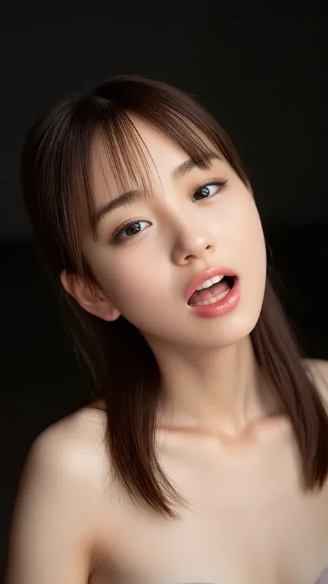   ultra-realistic skin texture 、  Ultra High Definition 、Dark indirect lighting with an erotic atmosphere、Very young face、Very young body、An image of the face of a  showing her tongue from directly above、facial super close-up、 is naked、random blond straigh...