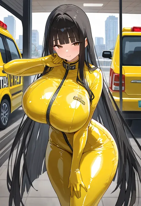 (ultra detailed), ( Japanese women, Age 30), ( yellow latex suit, taxi cab patterns ), brown eyes,  slit eyes ),( very big breasts, Big Breasts,  huge breasts ), ( big thighs ), ( black hair,  very long straight hair, blunt bangs), beautiful fingers, beaut...