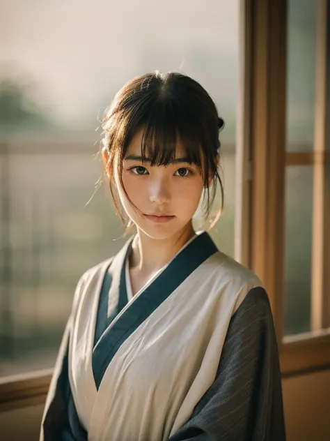 A  Japanese girl wearing an old gray kimono stands calmly in front of a gray fabric backdrop. Her beautiful face is framed by sad eyes, and soft white light gently illuminates the scene.