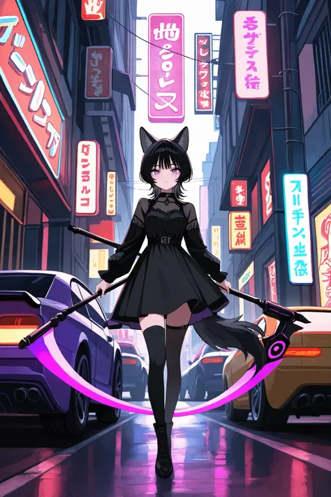 solo, ((From front)), Neko Female, Sukana marking from JJK, ((wolf cut black hair, Black cat ears))), long Wolf Cut black hair, (yellow and purple Ombre eyes), Black and white dress like Yor, wearing Chocker, wielding Scythe, Street background, Neon Lights...