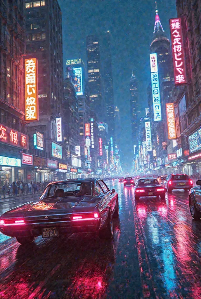 Retro, vibes 90s, Neon , city, cars, street.