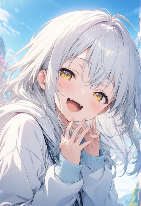 masterpiece, Best Quality, Highly Detailed CG Unity 8k Wallpaper, anime illustration of a high school girl. Attractive Poses、Close your eyes、opening your mouth, smile.  The background is a pastel-colored landscape, White hair color, yellow eyes、white hoodi...