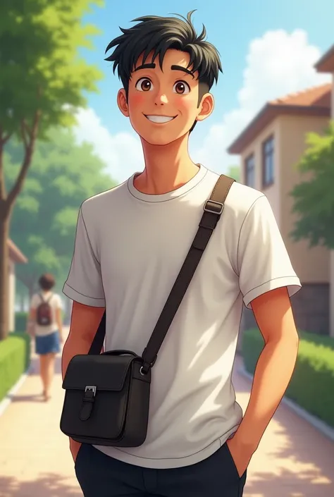 A sunny and sunny male college student，Hair Black Eyes Clear，Wear a white shirt and black pants，carrying a crossbody bag