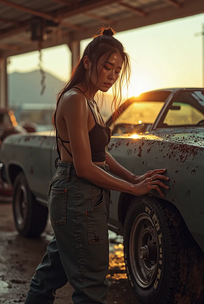 (photorealism:1.2), Full body view. A classic Muscle car, being repaired by a three of 35 year old beautiful Asian chubby curvy female mechanic, ((Replacing a burst tires with new ones)), Sweating filled with oil spills, big-breast round shape, hour-glass ...