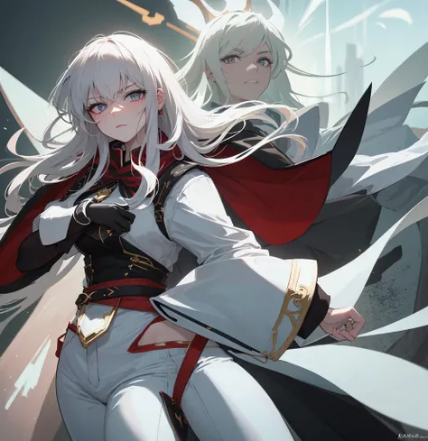 Delicate and elegant looking woman.  He has long white hair , that seems to shine with supernatural light. Her eyes are deep red and expressive. She wears an outfit of combat that highlights her slender figure, with a white jacket and tight pants. 

The ch...