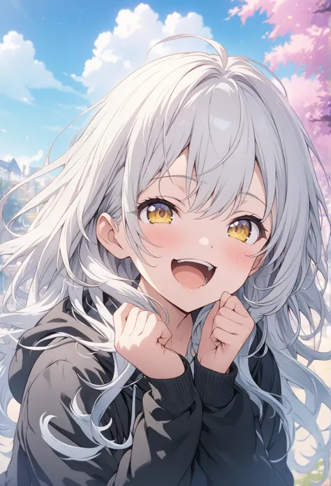 masterpiece, Best Quality, Highly Detailed CG Unity 8k Wallpaper, anime illustration of a high school girl. Attractive Poses、Close your eyes、opening your mouth, smile.  The background is a pastel-colored landscape, White hair color, yellow eyes、 black hood...