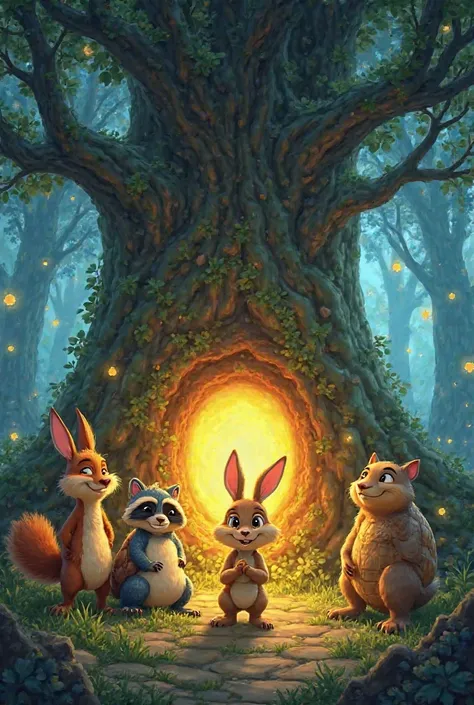 *"A vibrant and whimsical enchanted forest scene featuring Benny, the cheerful little rabbit, standing in front of the glowing Golden Acorn beneath a majestic ancient oak tree. Surrounding him are his best friends: Daisy, the playful squirrel with a bushy ...