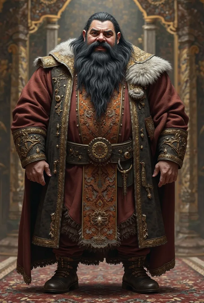 A dwarf with black hair in elegant clothes with a well-groomed belly long beard