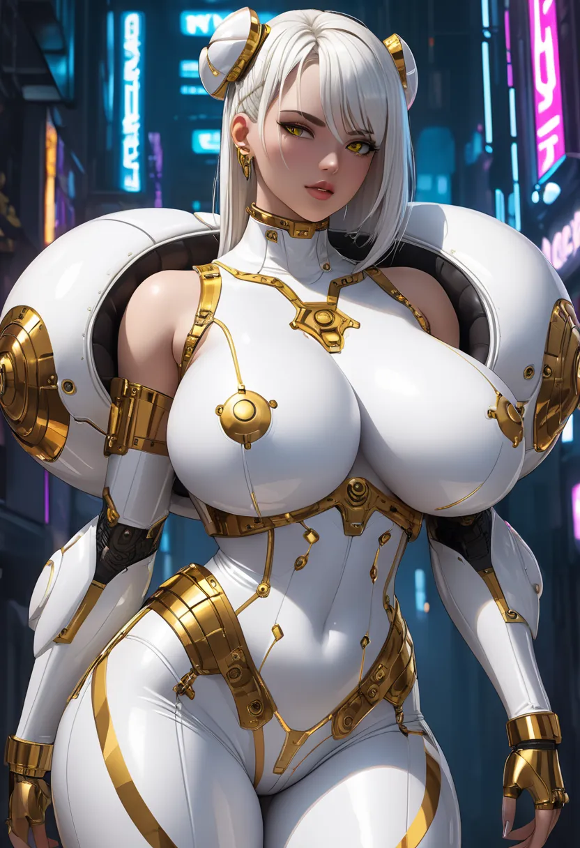 Female character wearing white clothes gold latex details, cyberpunk (gigantic breasts)