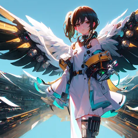  a futuristic woman ，Wearing Metal-Ceramic Mixed Armor and Bionic Angel on Shoulder
wings，，Ultra-fine depiction ， Cinema-grade science fiction conceptual art ， and highly realistic . She has a dark side ponytail ， bright brown eyes， white fingerless gloves...