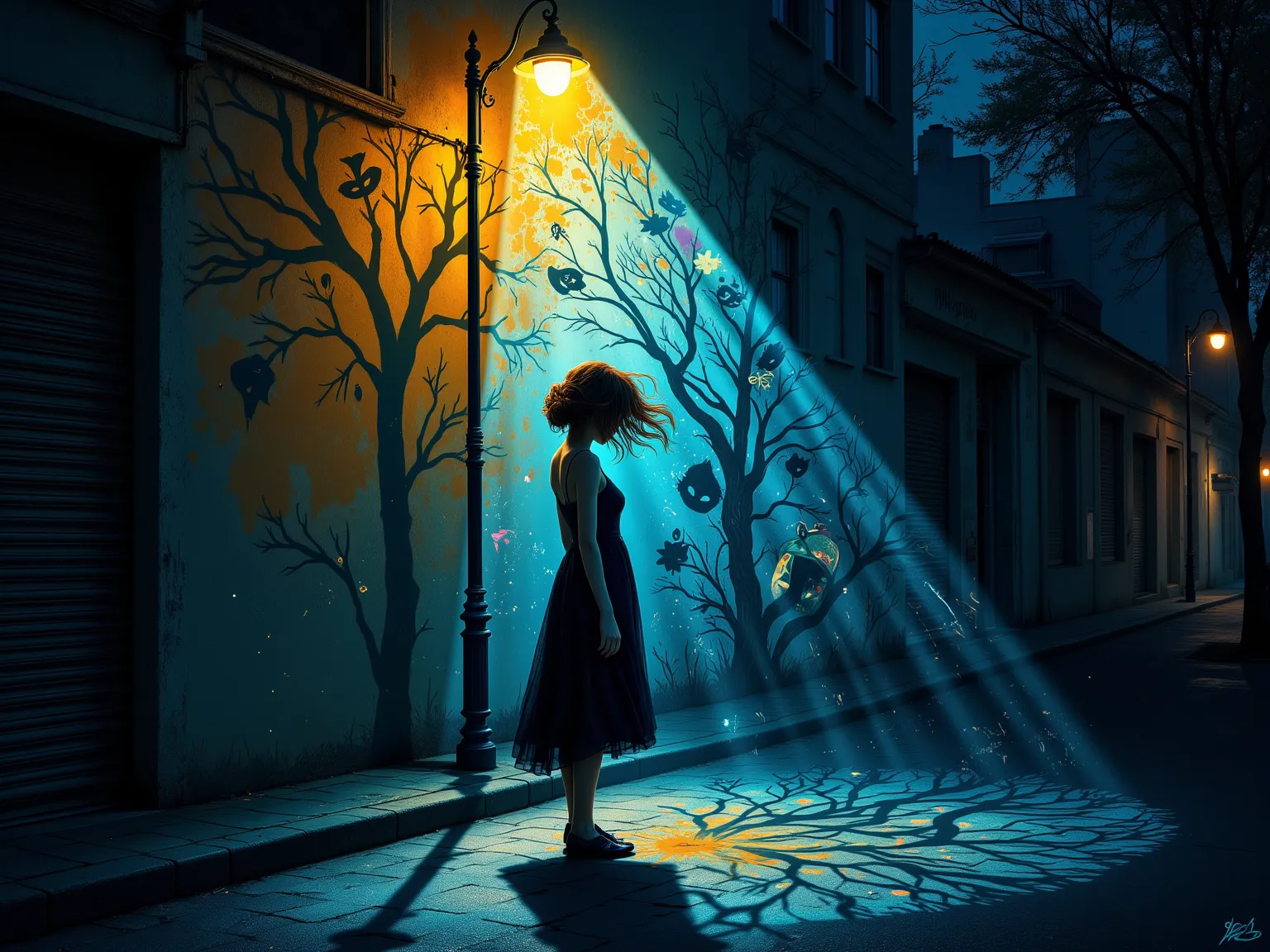 Compose a surreal scene in an urban nocturne where shadows transform into a reflection of inner truths. (A young woman in a flowing dress stands beneath a flickering streetlight, her face partially obscured by her hair, creating an air of mystery.) Her sha...