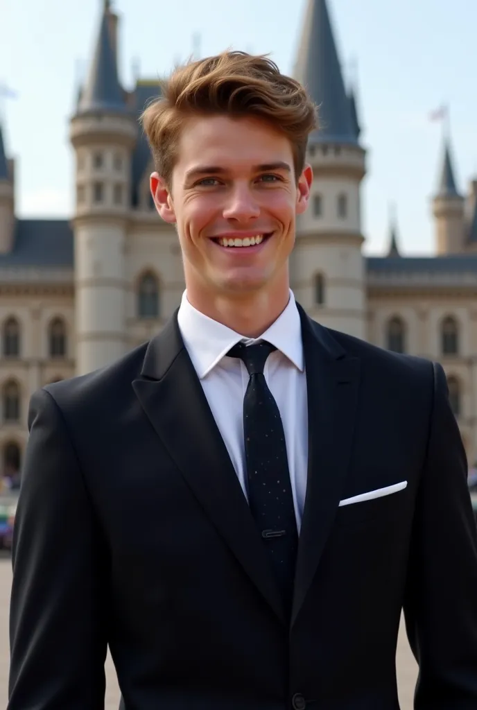 Julian has light brown hair and dark blue eyes.  Her physique is athletic , and he has a carefree charm, always smiling and making jokes. He wears a black prince's suit. castle background. realistic photo 