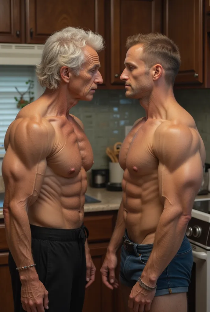 an elderly old bodybuilder grandma has pumped up her biceps a little and compares her biceps to that of a thin dystrophic-anorexic guy who is 30 years old. they're standing in the kitchen.  realistic photo. Skinny guy. thin guy . Short guy