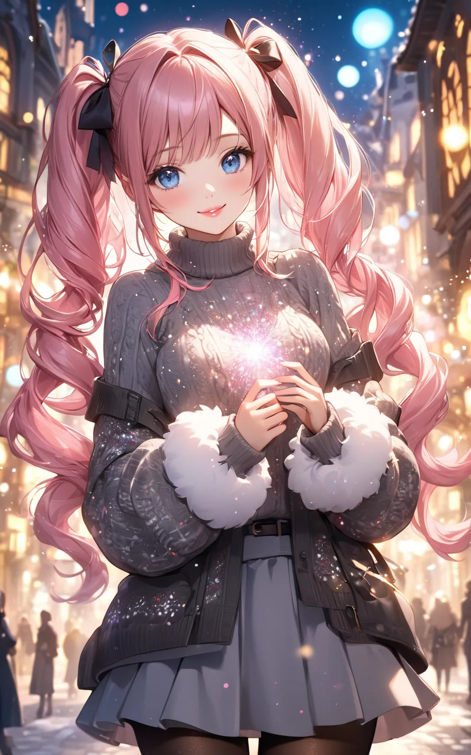 beautiful hands, black pantyhose, fantasy city, particles light, fluffy sweater, gray skirt, fluffy sleeves,
very cute and beautiful girl, (Pink hair:1.2), blue eyes, long hair, beautiful lips, smile, pigtails, bokeh