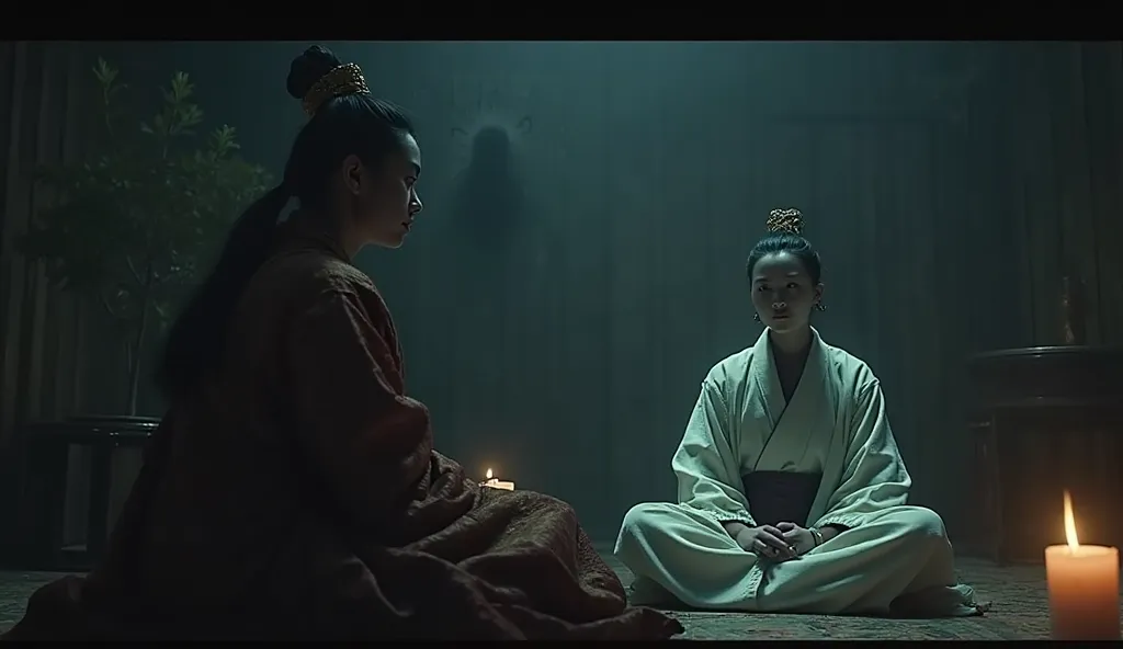 "A ghostly samurai in traditional robes sits cross-legged in a darkened room, speaking through a female spirit medium. The woman wears a ceremonial kimono, her face calm and emotionless, her hands resting on her knees. A faint, glowing apparition of the sa...