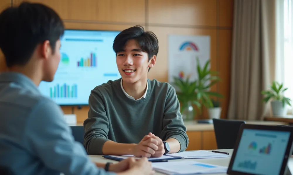 Korean male high school student, Regular casual attire, Professional office environment, with the consultant 1:1 The appearance of a consultation, Tablets and materials on a table, Screen showing graphs and charts, Career counseling atmosphere,  warm light...