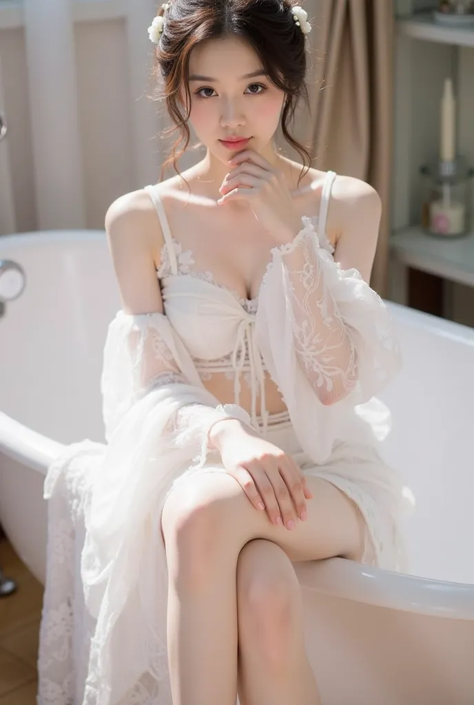 a young woman sitting elegantly on the edge of a white vintage bathtub. She is wearing a delicate white lace outfit with sheer, flowing sleeves, and the fabric drapes gracefully onto the floor. Her hair is styled in a loose, elegant updo adorned with small...