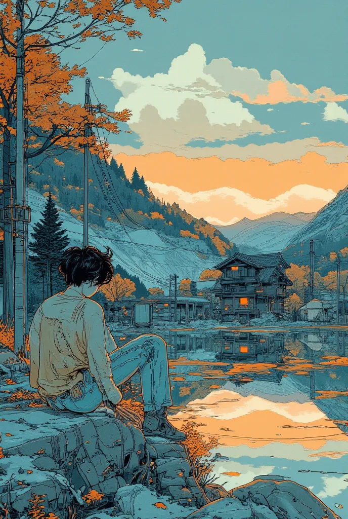 (Masterpiece:1.2,  EXCEPTIONAL QUALITY  ,Mirror Finish  , Cinematic experience  ,  Best Illustration  ),  Ultra-Fine ,  highly detailed ,8k,16k, wallpaper,Back view of a boy  sitting in rock in silent peace full,View of the village Lake from a small hill, ...