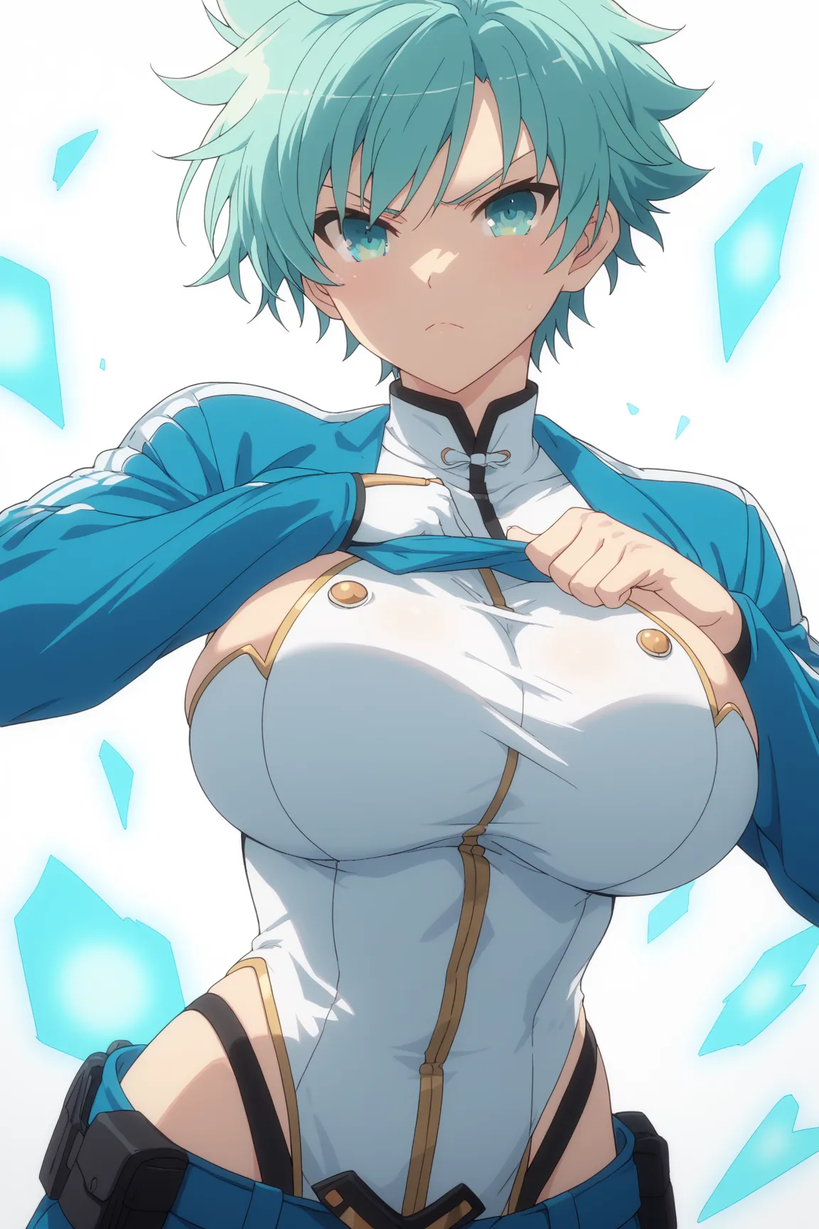 1girl, tomboy, white shinobi clothes, cyan hair, short hair, cyan eyes, big breasts