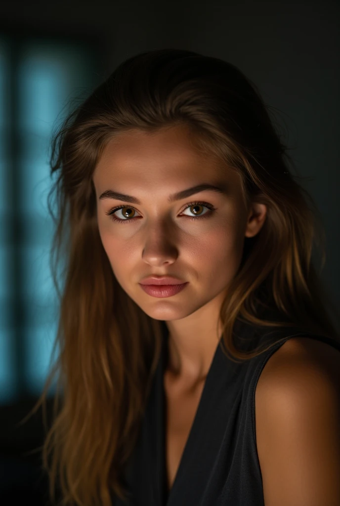 a Realistic portrait of a natascha mcelhore woman,long hair, looking at viewer, portrait, close-up, realistic, soft lighting, professional Photography, Photorealistic, detailed, standing in a dark Studio Room background, blurred background, RAW, analog, sh...