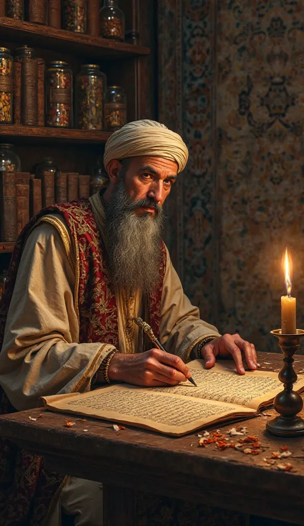 

"A 11th-century Arab physician and scholar, Ibn Butlan, wearing a traditional long robe and turban, sits in a dimly lit study room filled with ancient medical books and scrolls. He has a wise and focused expression, holding a quill and writing in his fam...