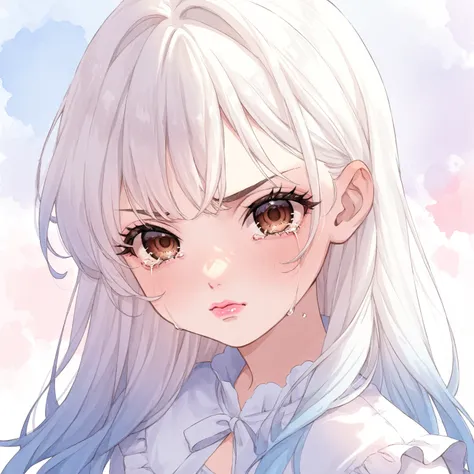 watercolor、pastel colors、1 girl、beautiful face、get angry、Race Background、bandage、tears、sorrow、white hair 、white gradient hair 、long hair、brown eyes、droopy eyes、Eyelashes、White blouse、skirt、small lips、pink lips、 from afar、