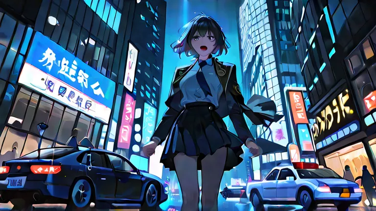 "A beautiful woman with long, flowing black hair is held hostage by masked robbers in front of a towering skyscraper in the heart of the city. Her wide, frightened eyes reflect the flashing red and blue lights of a swarm of police cars surrounding the scen...