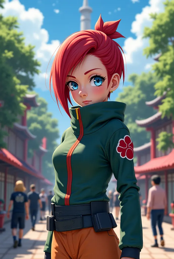 A girl
Red hair
Blue eyes
5 Feet 4 inches
Konoha Shinobi
Jonin
With her friends