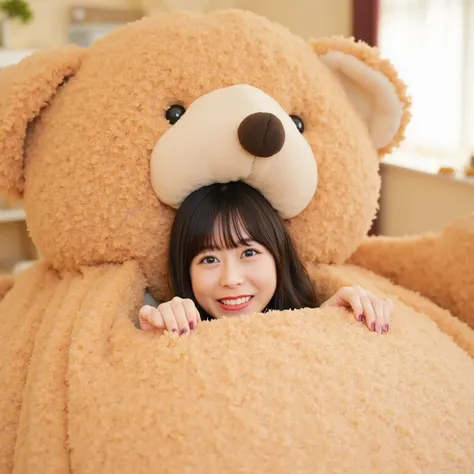 「A playful Japanese woman peeking out from the belly of a giant teddy bear, with a cheerful expression. She has long black hair, wearing casual clothes, and her face is visible as she playfully hides inside the teddy bear. The teddy bear is enormous, soft,...