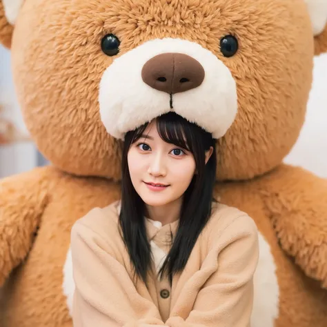 「A playful Japanese woman peeking out from the belly of a giant teddy bear, with a cheerful expression. She has long black hair, wearing casual clothes, and her face is visible as she playfully hides inside the teddy bear. The teddy bear is enormous, soft,...