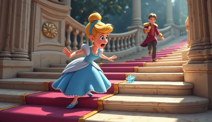 Cinderella Running Down the Palace Stairs (3D Cartoon Style)
Cinderella dashes down an elegant marble staircase, one glass slipper slipping from her foot. Her expression is a mix of fear and urgency, while the prince stands at the top of the stairs, reachi...