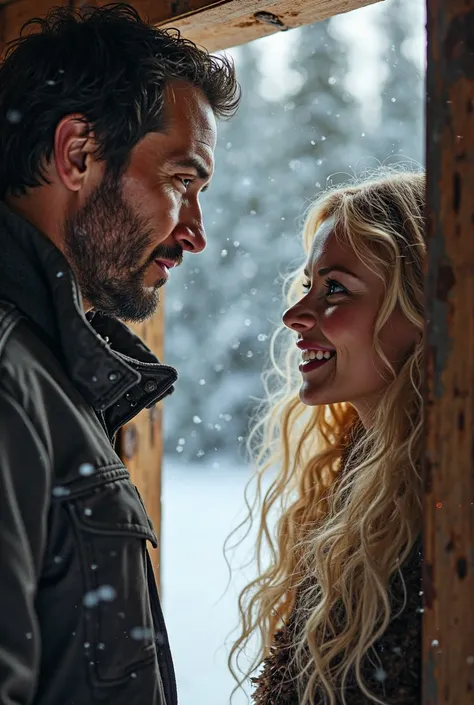 
A man with a striking resemblance to Keanu Reeves stands in the doorway of his rustic log cabin, eyes wide with surprise but not fear, as he gazes at a beautiful woman standing in front of him. The scene is set in the heart of a snow-covered forest, with ...