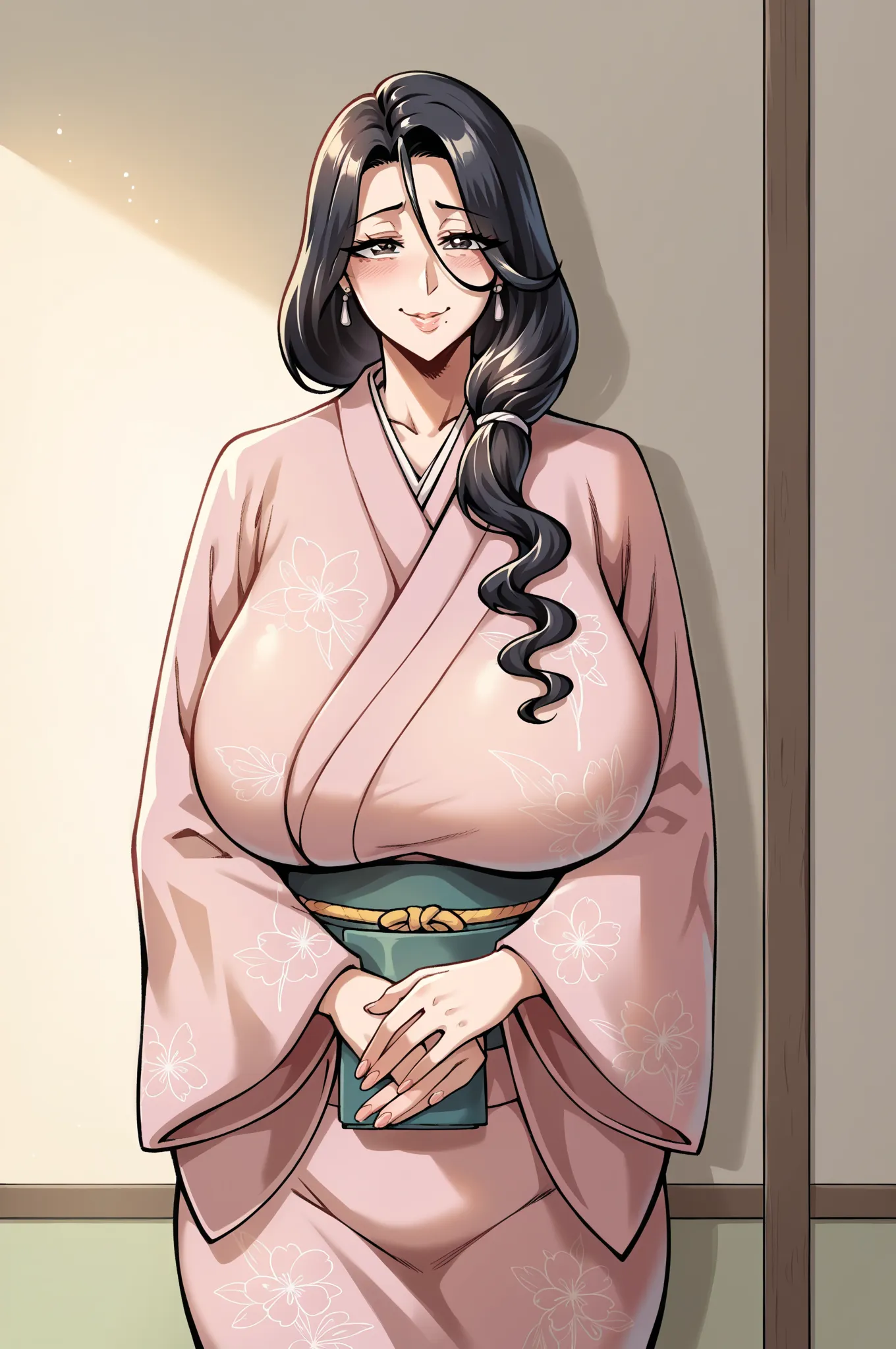 Fumiko ,1 girl,Alone ,Mature woman,long hair,lunar under the mouth,breasts too large,pink kimono,cowboy shot,hands on the hips,looking at the spectator, shy smile,indoors