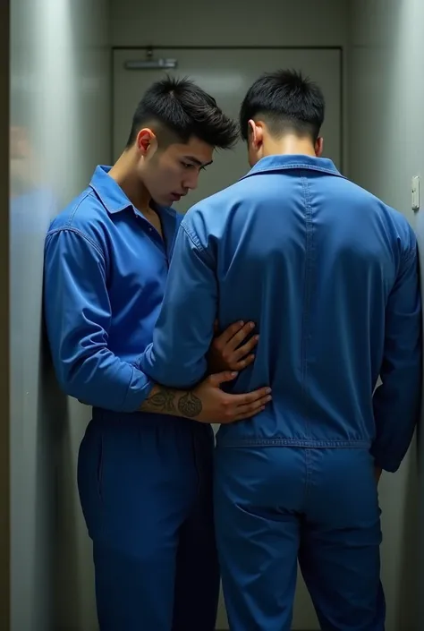 Imprisoned in prison, with a blue jumpsuit, sexy korean guy , gay couple,  muscular, good-looking,  muscular에 48살 잘생긴 한국인 남자, 185 cm tall , There is a big tattoo on the back of the hand, Very handsome, Touching the butt, They are both wearing long-sleeved ...