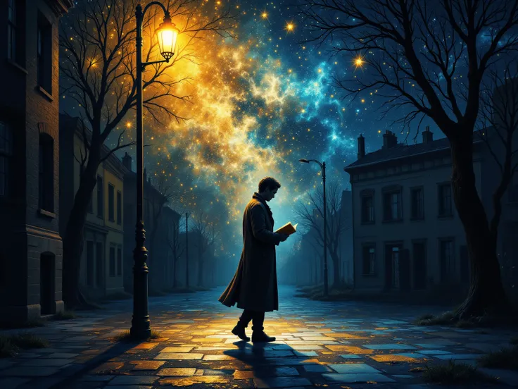 The Shadow's Surreal Soliloquy: On a night where stars shimmer faintly, the protagonist stands in isolation under a vigilant streetlight, their shadow a canvas for subconscious confessions. (The figure dons a long coat, holding a book—a symbol of knowledge...