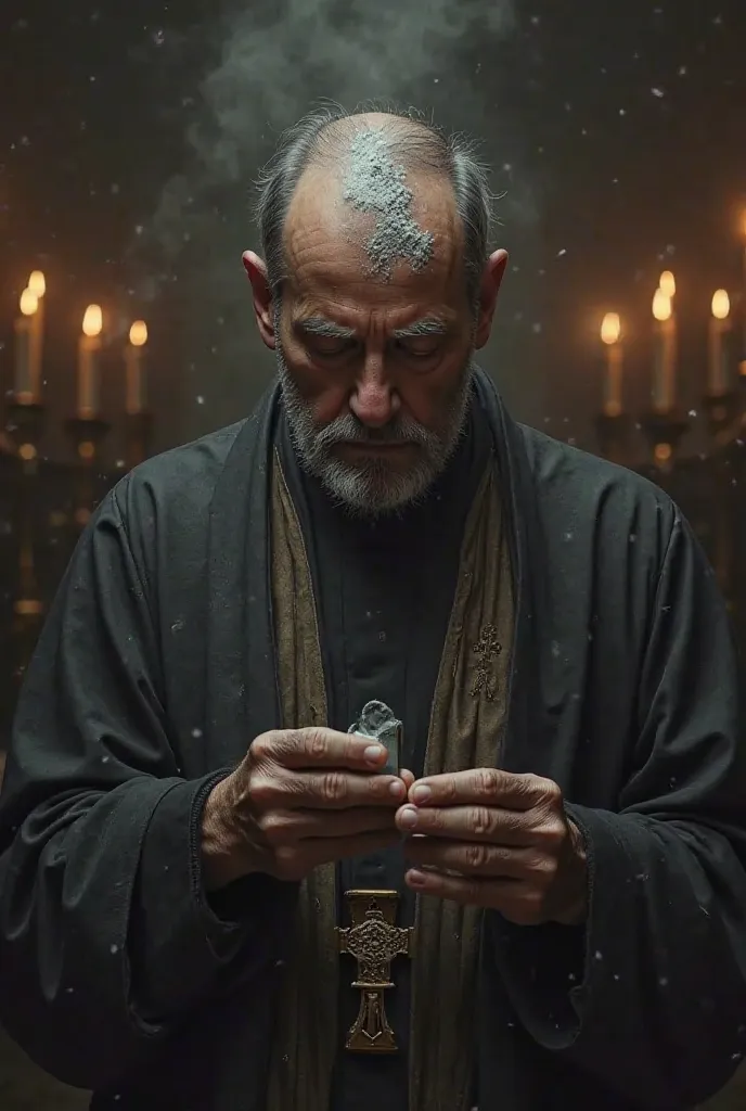 The priest made a cross of ashes on his forehead.