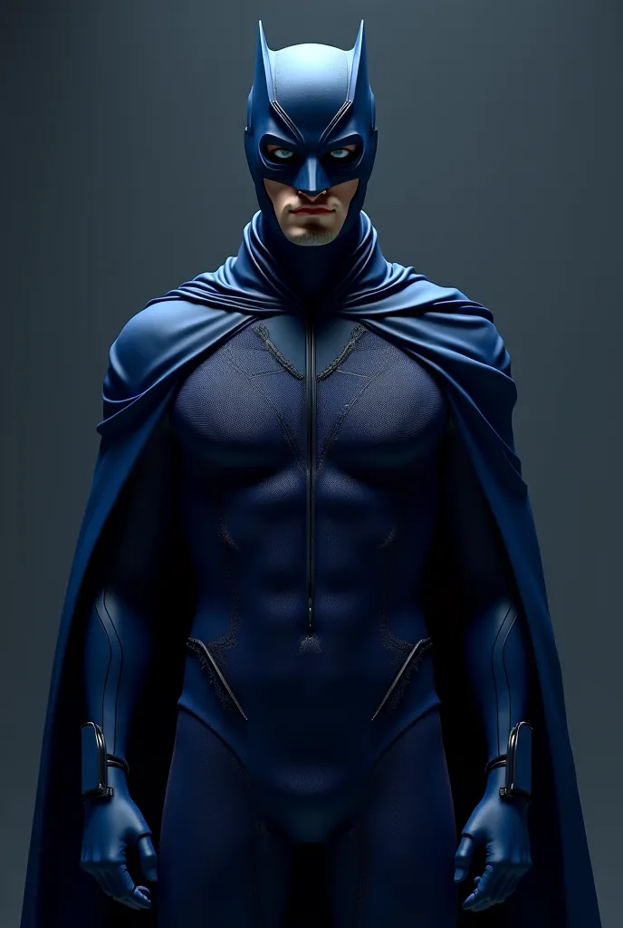 relative dressed in a super hero suit in dark blue with a mask that does not cover his eyes and wears a knee-length jacket but does not tie it