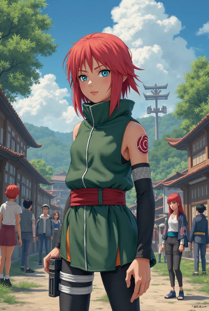 A girl
Red hair
Blue eyes
5 Feet 4 inches
Konoha Shinobi
Jonin
With her friends