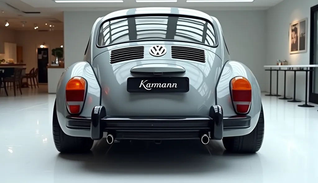 Back view of painted Gray with shiny clour 1975 Volkswagen Karmann sleek in large shape sedan in large size with Karmann logo on its large detailed grille in shiny black clour with angular sporty design captured from close front view with modified sleek ba...