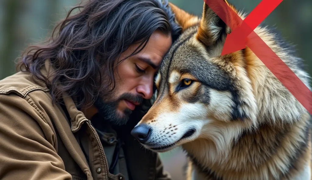 Image is a high-resolution photograph featuring a man and a wolf in a close, intimate moment. The man, with long dark hair and a rugged appearance, is wearing a weathered brown jacket. His skin is light, and he has a beard. He is leaning his forehead again...