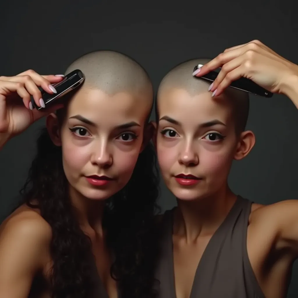 twin women looking at viewer, half bald heads, half long dark hair, in their right hands they hold hair clippers to the others head, shaving each others heads intimately, detailed facial features, pensive expressions, focused actions,  dramatic lighting, c...