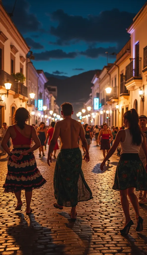 Images that are groups of people playing spin at night in the streets of Quito