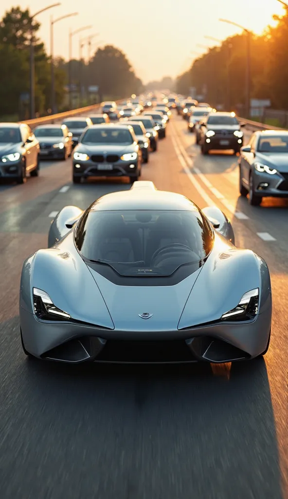 Terrafugia Transition flying car, wings folded in car mode on a highway, other cars around, daytime.