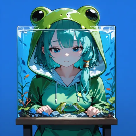 (Girl, Frog Hoodies), have a fish tank, blue background