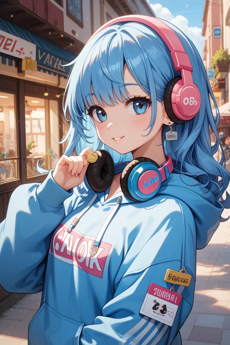 girls　cute　long hair　Lots of earrings 　 has bangs　Blue Hair　headphones　 hoodie