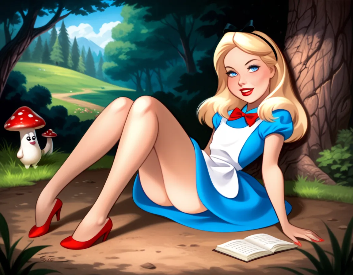 (1 very young cute Alice in Wonderland), medium blonde hair, elegant, very beautiful, detailed face, detailed eyes, psychedelic, in a forest, very realistic, fringes, blue eyes, cozy atmosphere, red lipstick, laying on the floor perfect image, ultra high d...