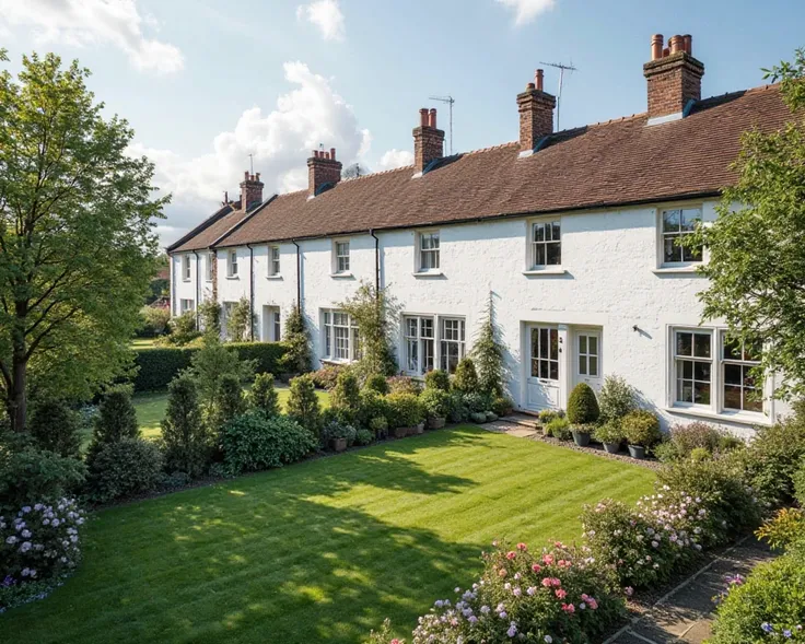 Create realistic and large aerial images of a planned neighborhood with popular terraced houses with English architecture in the color white in the city of London, include a garden of green grass trimmed with trees and flowers at the front. 