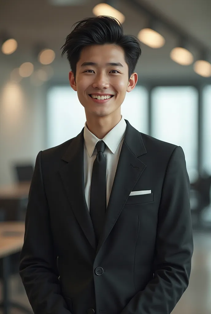 A Successful 26 Year Old Boss，looks very young，Hair Black Upward Comb，Wear a black three-piece suit，Smiling Side Low Head