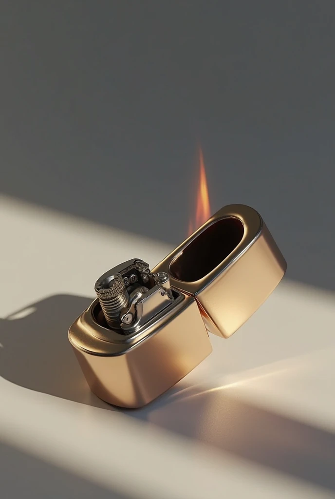 A high-quality 3D animation of a "allbright plaza lighter" with a smooth, metallic surface and detailed internal mechanisms. The lighter starts in an open position, revealing the flint wheel, wick, and spring components. Slowly and smoothly, the curved met...