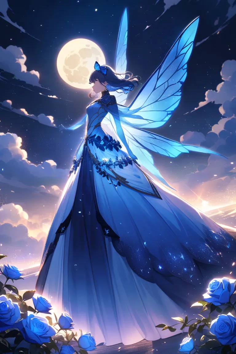 A mesmerizing deep blue rose stands in full bloom under the glow of a radiant blue moon. Its delicate petals shimmer with an ethereal luminescence, reflecting the moonlight in soft, velvety shades of blue. A graceful blue butterfly with glowing, translucen...